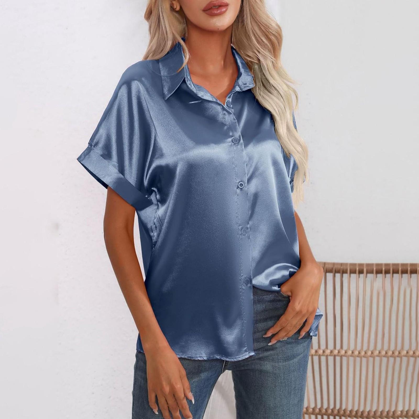 

Женская шелковая рубашка на пуговицах с имитацией искусственного шелка, повседневный свободный топ с короткими рукавами XXL тёмно-синий