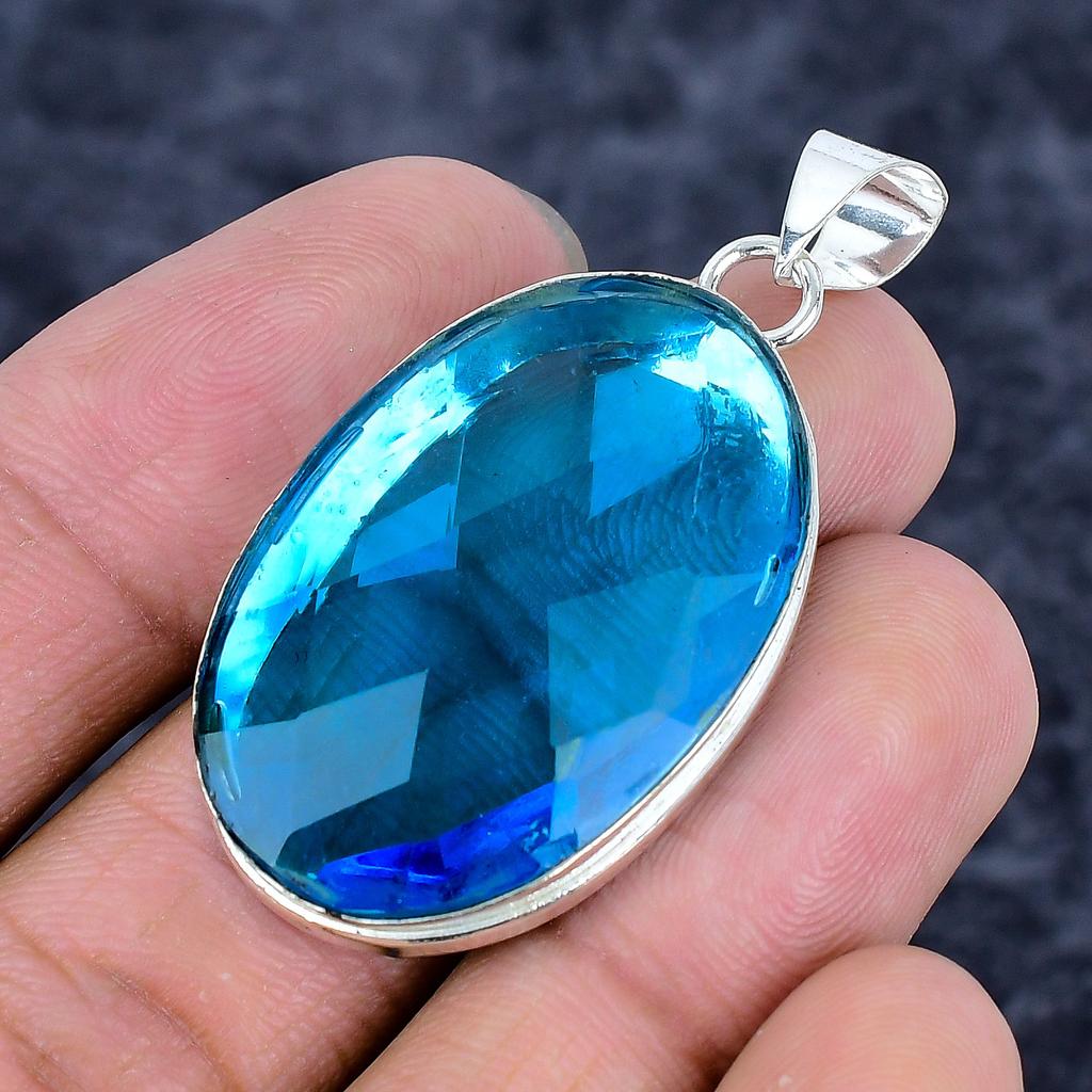 Blue Topaz Gemstone Handmade 925 Sterling Silver Jewelry Pendant 1.97" M-3247