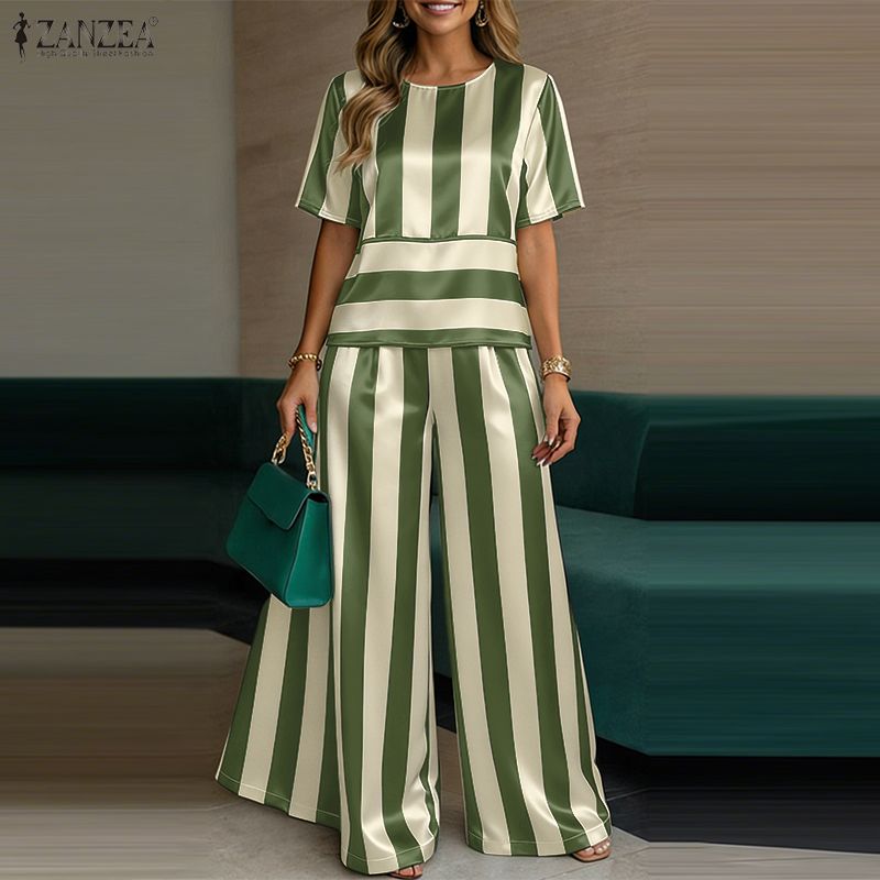 ZANZEA Women Short Sleeve Blouse and Pants Stripe Print Two Piece Suit Sets