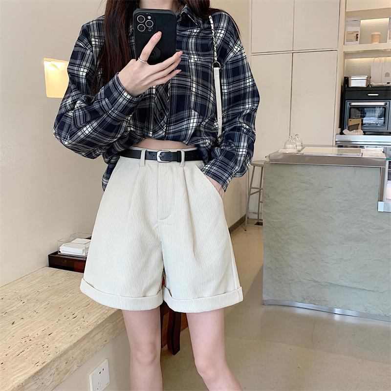 Corduroy Cuffed Straight Leg Shorts for Women - Autumn/Winter Loose Slimming Wide Leg Casual Pants