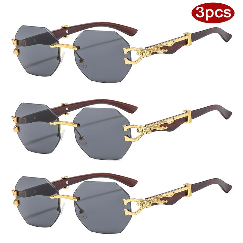Protective Glasses 3pcs Fashion Frameless Polygonal Metal Frame Sunglasses Outdoor Casual Sun Glasses Leopard Design Eyewear