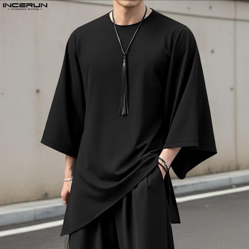 INCERUN Oversized Summer Men O Neck 3/4 Sleeve iIrregular Casual Long T-shirts Tee Tops