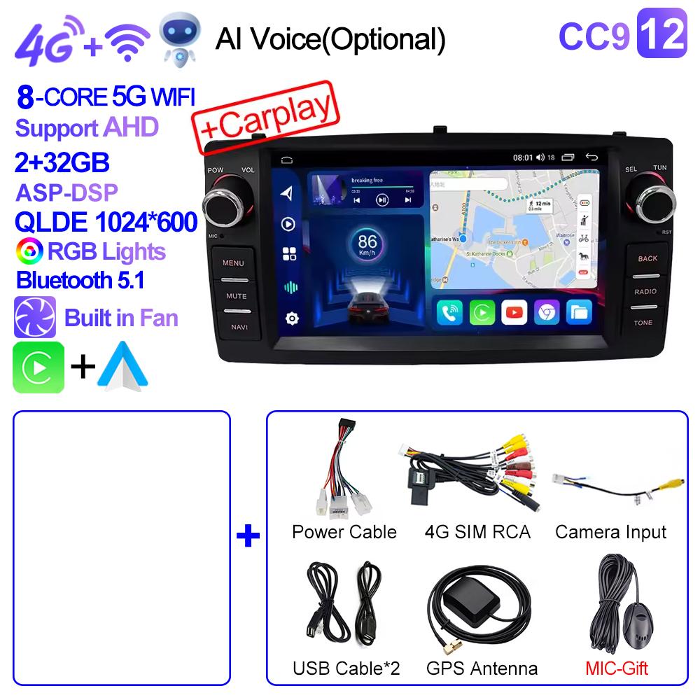 2din Android 12 Wireless CarPlay Android Auto Car Radio Multimedia GPS for Toyota Corolla E120 2003-2006 BYD F3 Stereo 4G