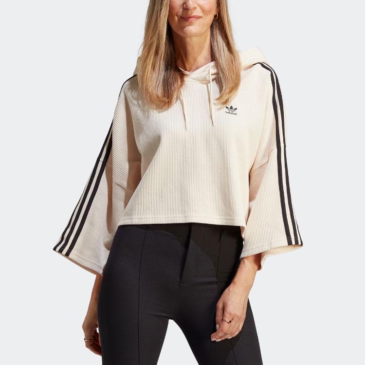 Adidas Originální mikina s kapucí s potiskem vyšívaného loga trojlístku se stahovací šňůrkou dámská mikina bílá IC5461