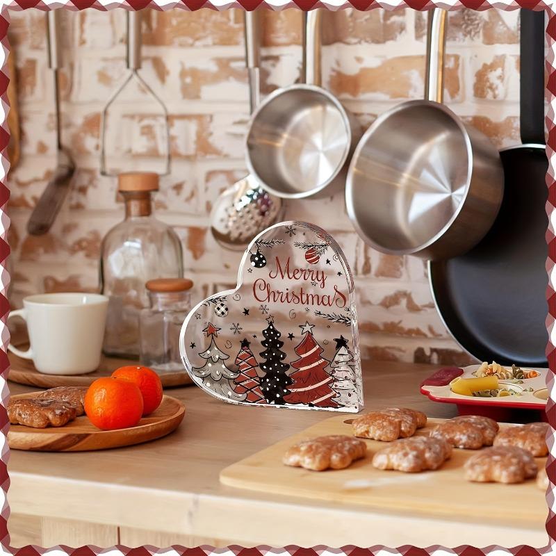 2D Flat, "Merry Christmas" Heart-Shaped Acrylic Christmas Desktop Decoration, Festive Trees and Snowflakes, Suitable for wall decoration, porch, room,