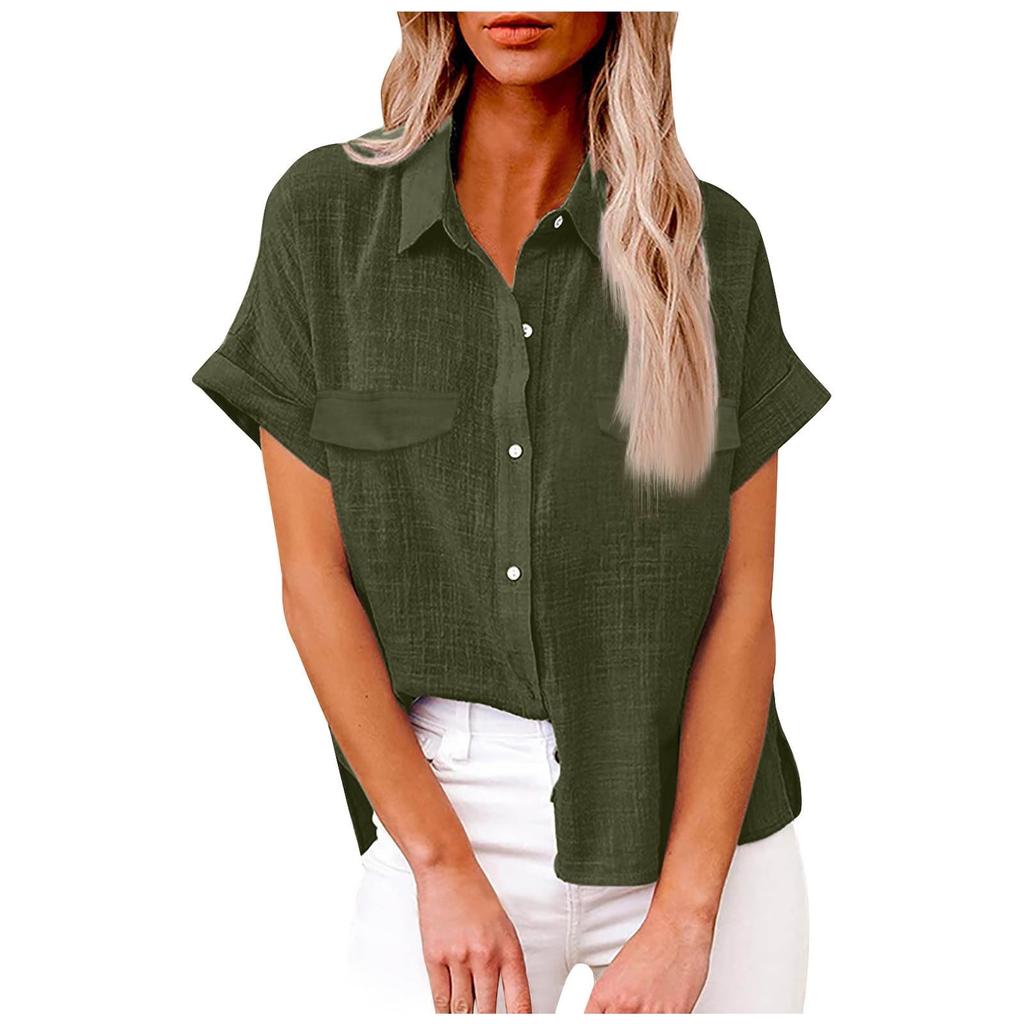 Women's Fashionable Loose-Fit Casual Shirt Button-Up Short-Sleeve Cotton-Linen Blend Top