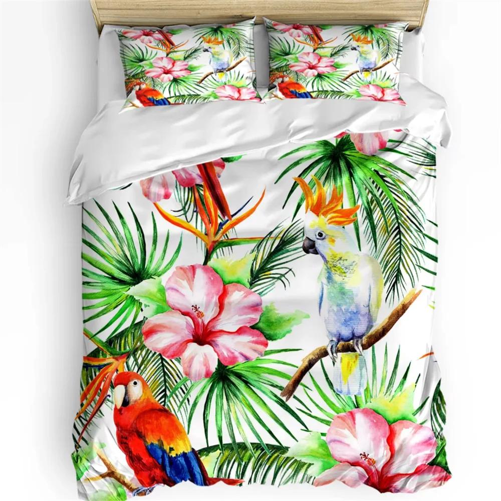 Parrot King Queen Bedding Set Cute Birds Colourful Feather Duvet Cover Tropical Flowers Comforter Cover Polyester Quilt Cover
