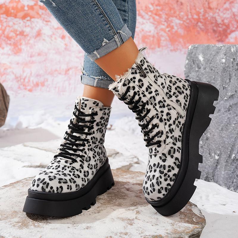 Lucyever Punk Leopard Print Combat Boots Women Fashion Chunky Thick Plush Ankle Boots Woman  Lace Up Platform Booties Mujer