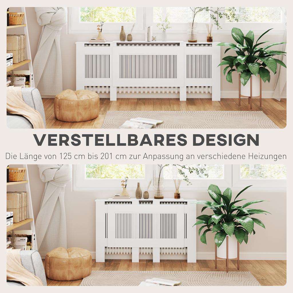 Radiator Cover, Slatted Design, Adjustable Length 125-201 Cm, MDF, White