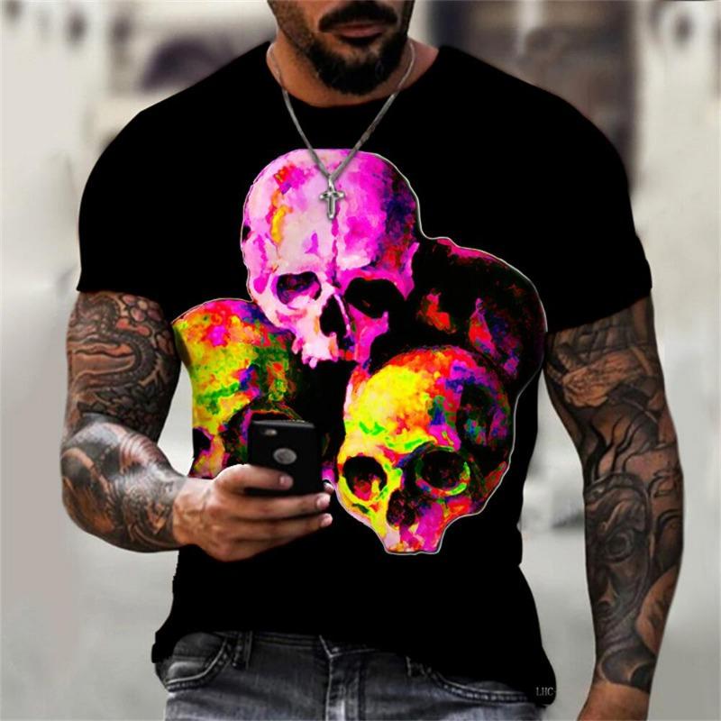 Men's Casual T-Shirt, Gothic Skull Heart Hands Graphic Black Short Sleeve Crew Neck Tee Cool Streetwear Halloween Fashion Top