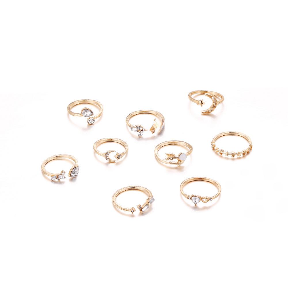 Ensemble de 9 bagues européennes et américaines pour femmes, motif amour, papillon, étoile, lune et diamant