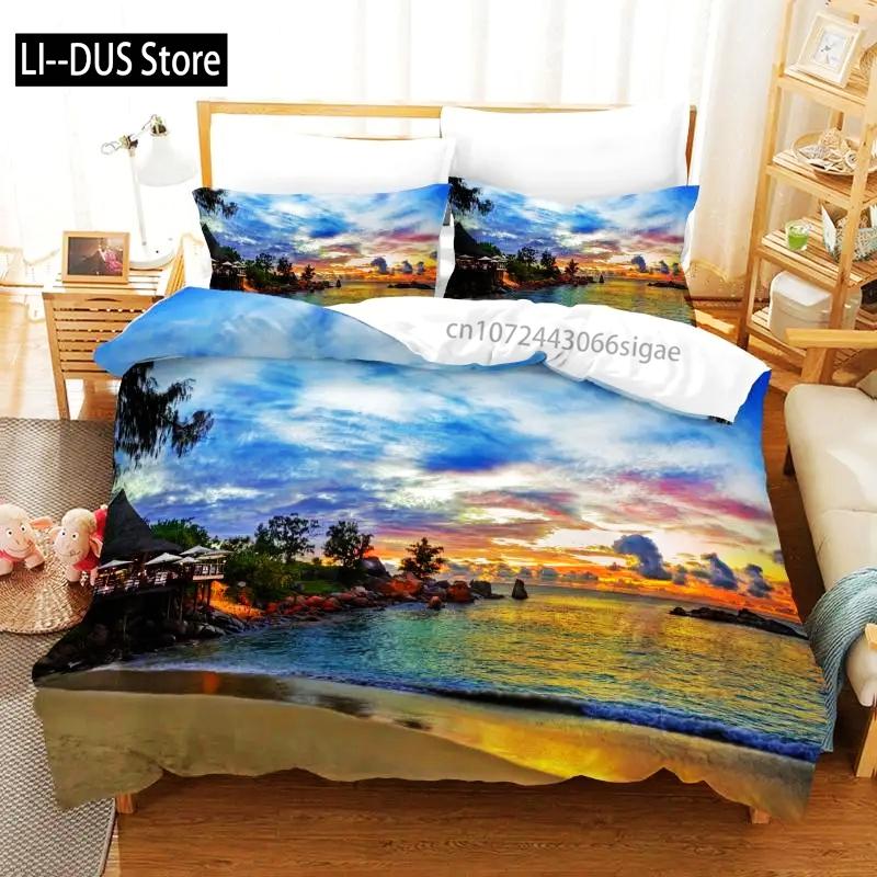 Tropical Duvet Cover Set King Size Microfiber Palm Trees Silhouette Sunset Tropical Beach Coastline Exotic Vacations Bedding Set