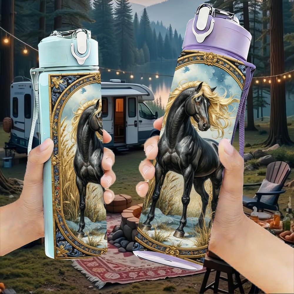 1PC Vintage Horse Antique Oil Painting Style 750ml Color Plastic Sports Water Bottle Leakproof Flip Straw Lid Suitable for Sports Office Home Use