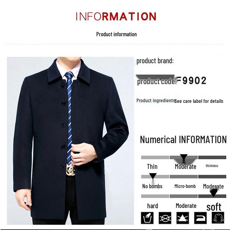 Men's Mid-Length Wool Cashmere Coat - Autumn/Winter Style for Middle-Aged & Elderly