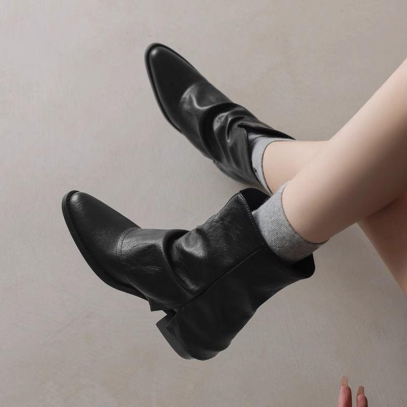 2025 Autumn and Winter New Pointed Western Pile Boots Small High Heel Short Boots Trouser Boots Thick Heel Martin Boots