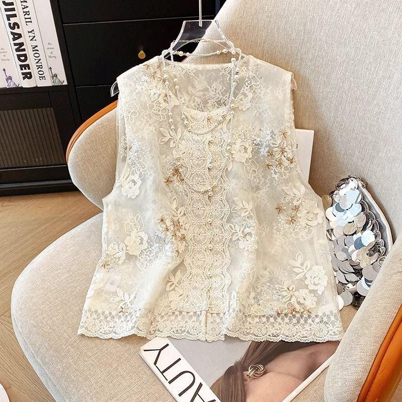 

Новый темпераментный жилет 2025 универсальный вышитый пайетками кружевной летний жилет тонкий M (under 50kg recommended)