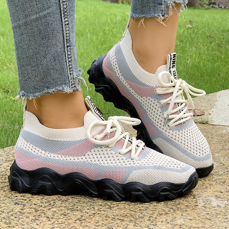 Fashion Color Block Knit Casual Sneakers for Women Platform Breathable Running Shoes Woman Lightweight Non Slip Walking Sneakers