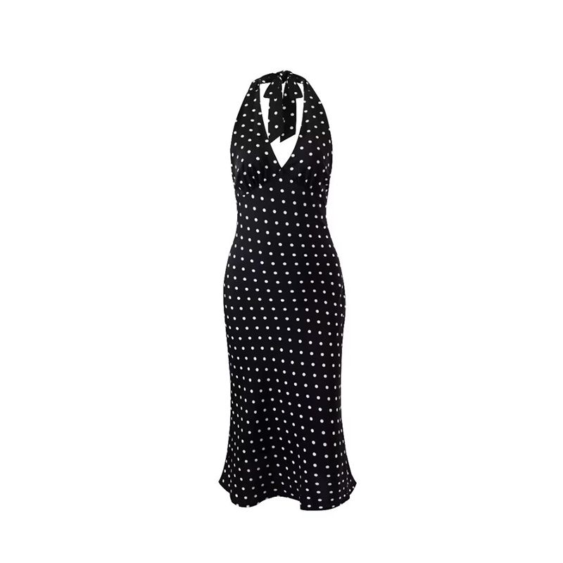 

Zhao Lusi Same Style Refoma French Black Polka Dot V Neck Silm Slim Backless Vacation Style Halterneck Dress Black Wave dot L