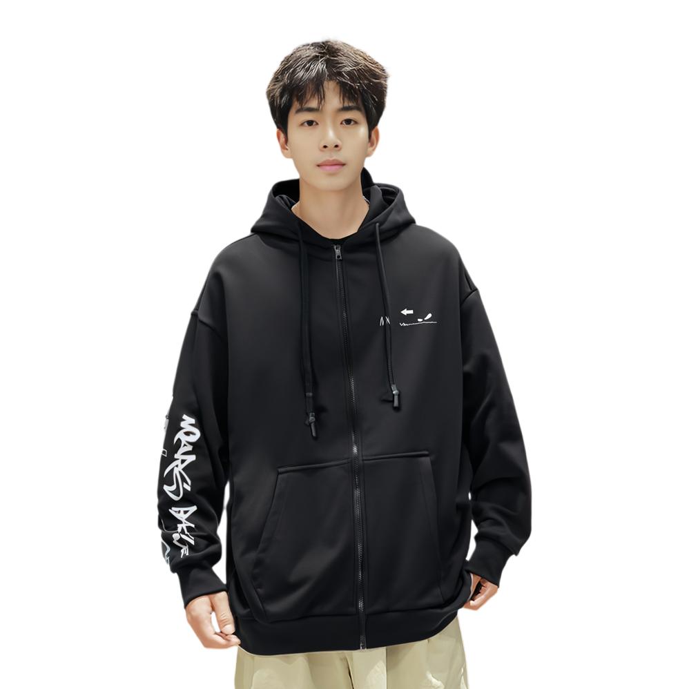 Li Ning CF Sports Lifestyle Series Solid Color Pattern Printed Hooded Zip Long Sleeve Sweatshirt Unisex sweatshirt Black AWDRG43-1