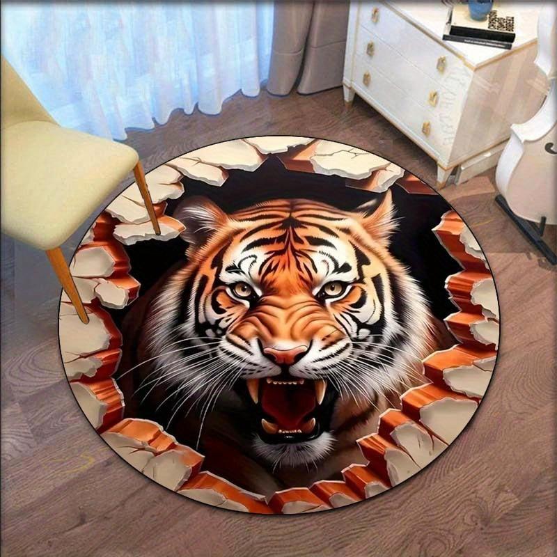 1pc 3D Roaring Tiger Pattern Round Rug, Non-slip Floor Mat for Living Room, Bedroom, Bathroom, Holiday Home Decoration