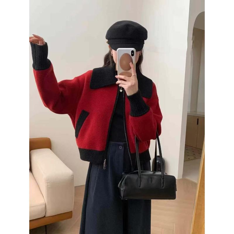Spring new loose contrasting color lapel zipper knitted double-sided woolen cardigan casual versatile sweater jacket women