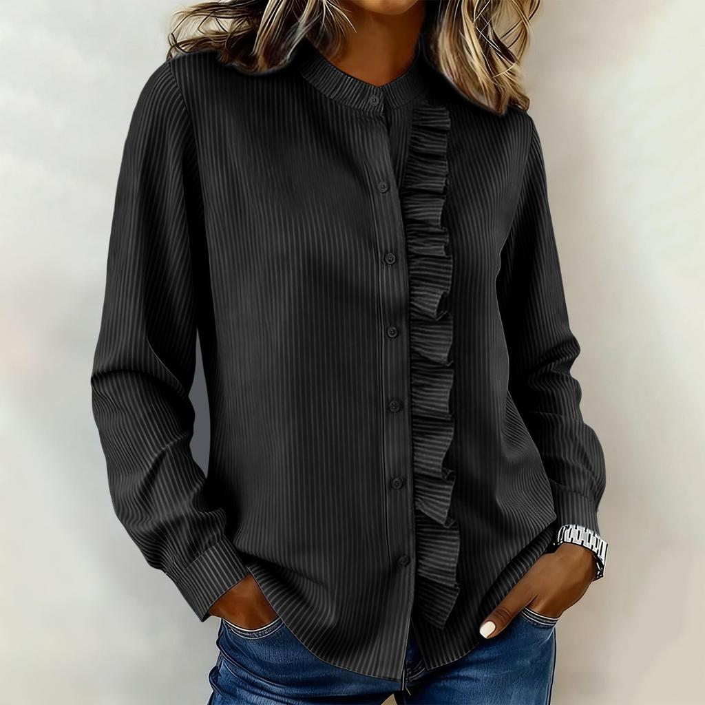 Women's Fashion Loose-Fit Lace-Trim Pleated Stand Collar Shirt Striped Top