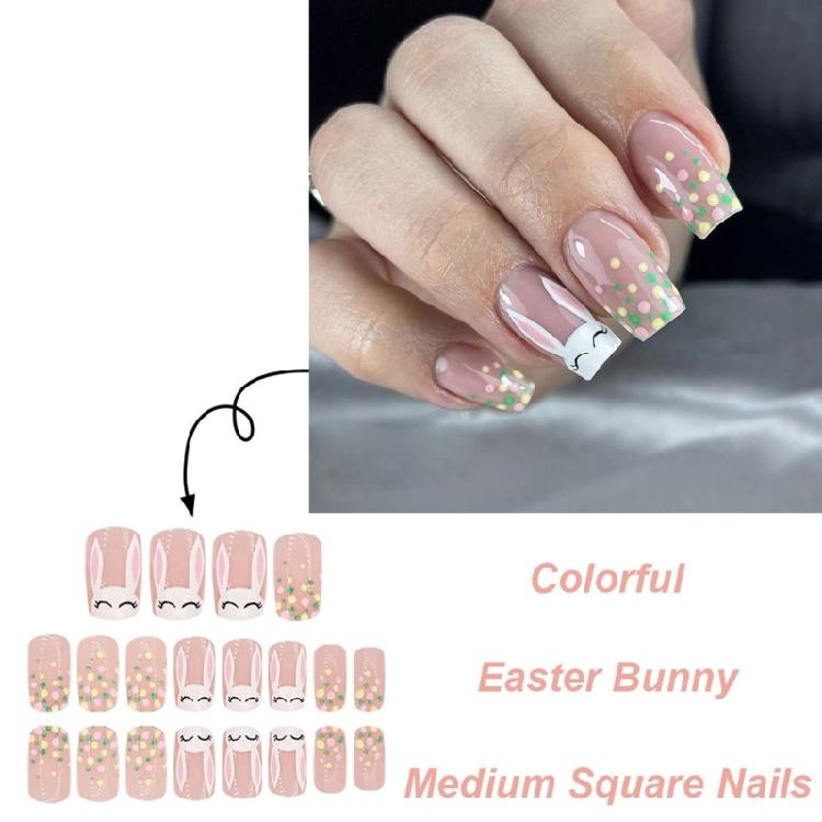 24pcs Medium Square False Nail with Rabbit Designs Press On Nail Manicure Easter Nail for  Women and Nail Art Enthusiast
