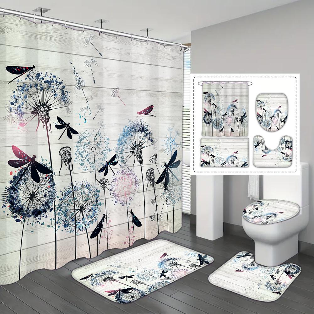 4-piece Set of Blue White Jade Orchid Waterproof Printed Shower Curtains with 12 Hooks, Bathroom Floor Mats