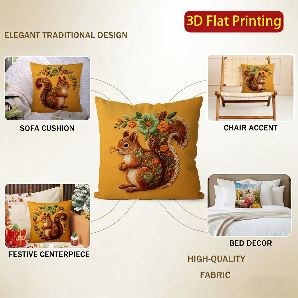 Embroidered Style Squirrel Floral Throw Pillow Covers Pattern Cushion Cover Suitable For Sofa Bedroom Car Pillow Cover