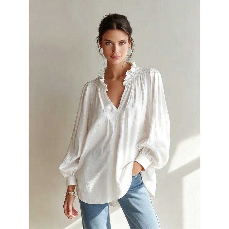Womens Loose V-Neck Ruffled Puff Sleeve Shirt Top 2026 Fall Casual Oversized Blouse