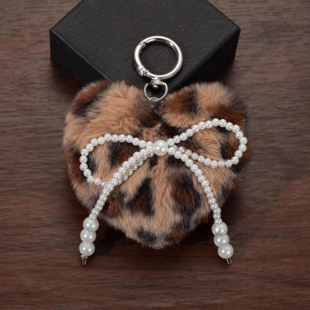 Leopard Print Faux Pearl Bow Keychain Backpack Charm
