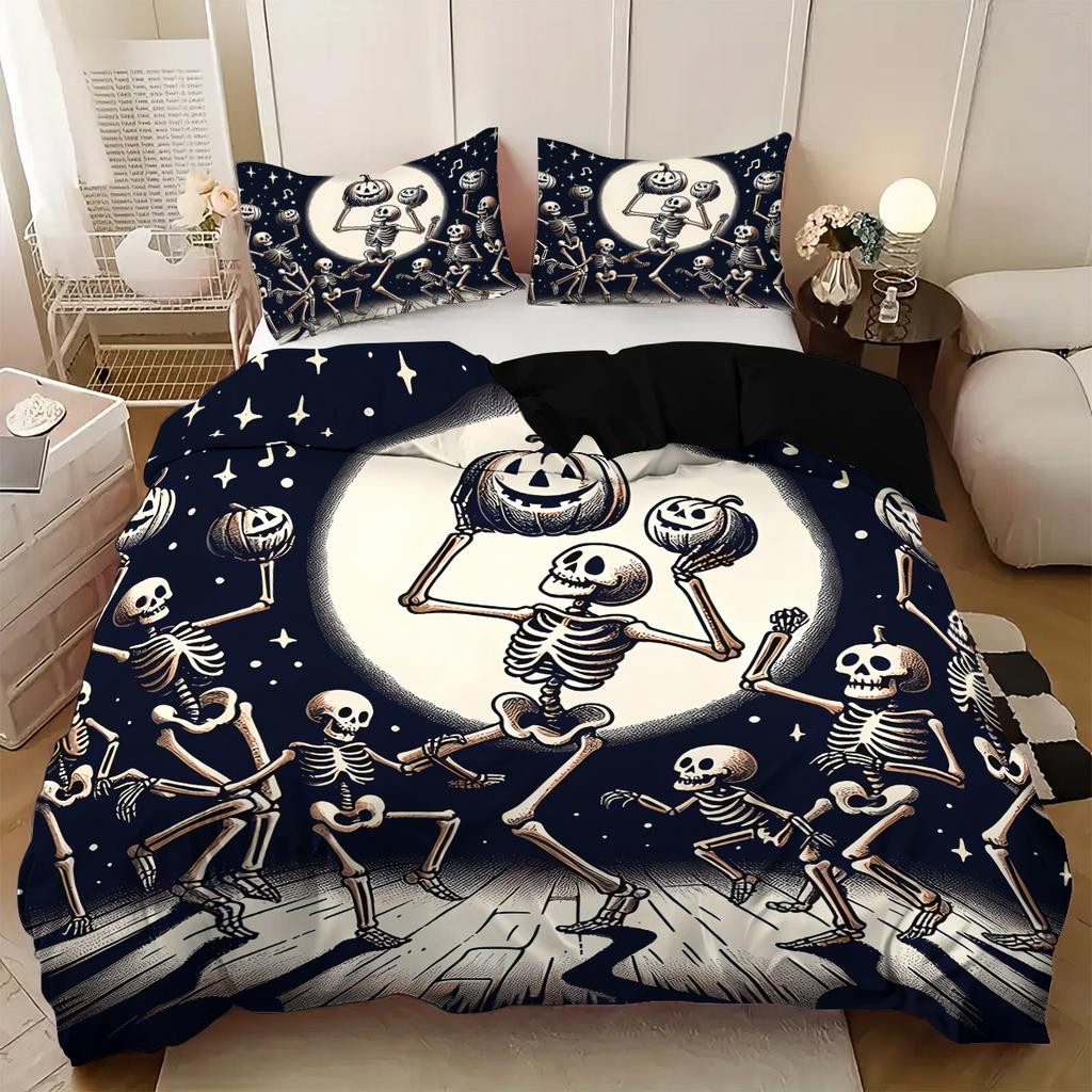 3-piece Halloween themed skeleton and pumpkin patterned duvet cover set, 1 duvet cover+2 pillowcases, coreless