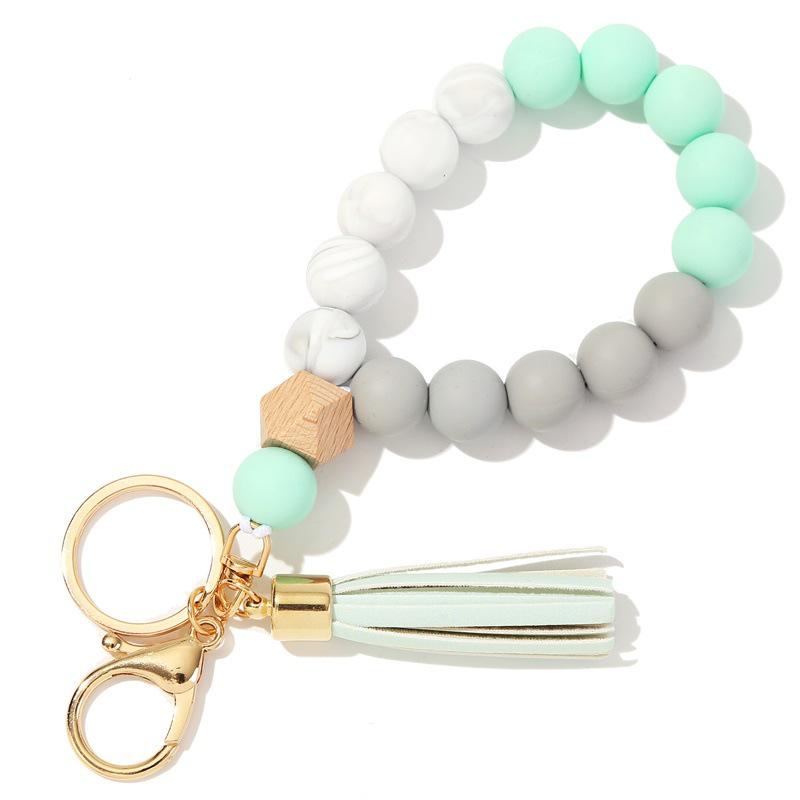 Silicone and Wooden Bead Keychain Bracelet with PU Tassel