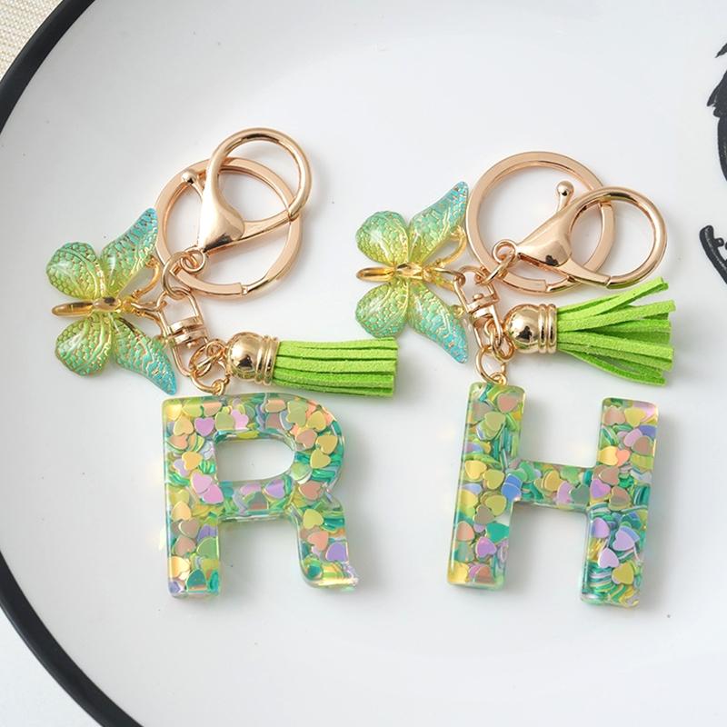 A-Z Initial Letter Keychain Green Butterfly Tassel Letter Charm Bag Pendant Couple Key Holder Pendant For Friend Gifts