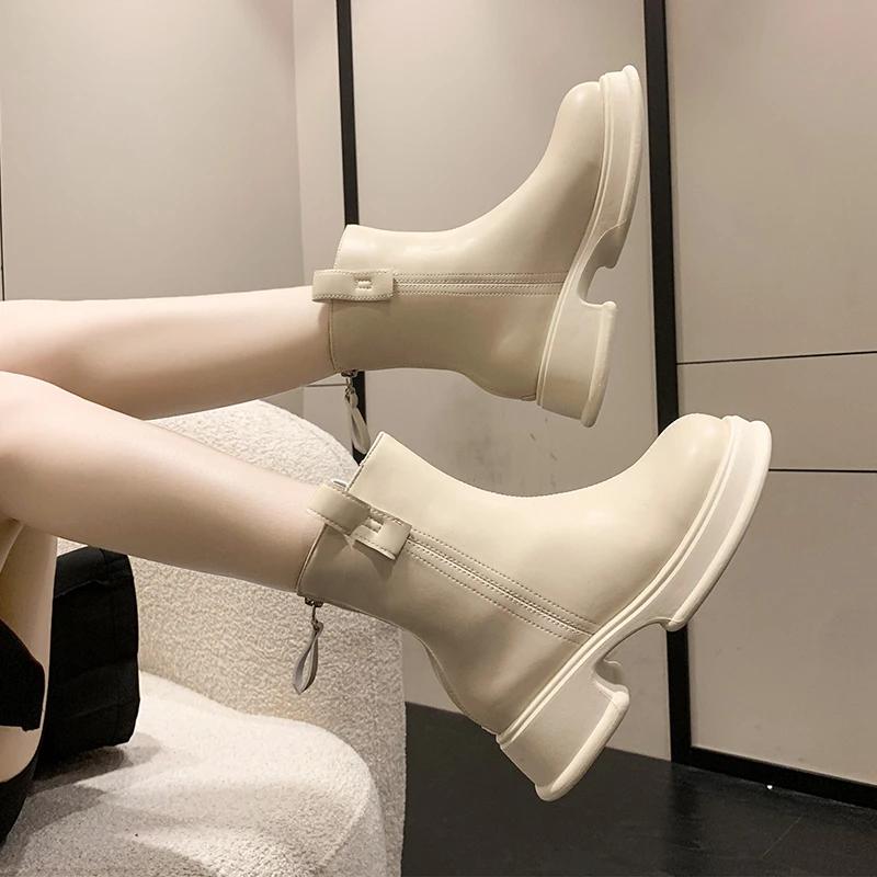 fashion 2024 Ladies Chelsea Boots High Top Fashion Boots Ankle Boots Motorcycle Soft Leather Round Toe Women Zapatos Mujer