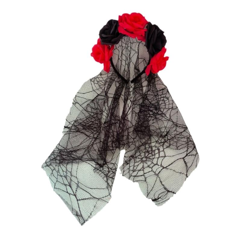 1PCS Black Veil Halloween Rose Flower Headband Costume Cosplay Wedding Mexican Rose Flower Crown Headband Day of The Dead Party