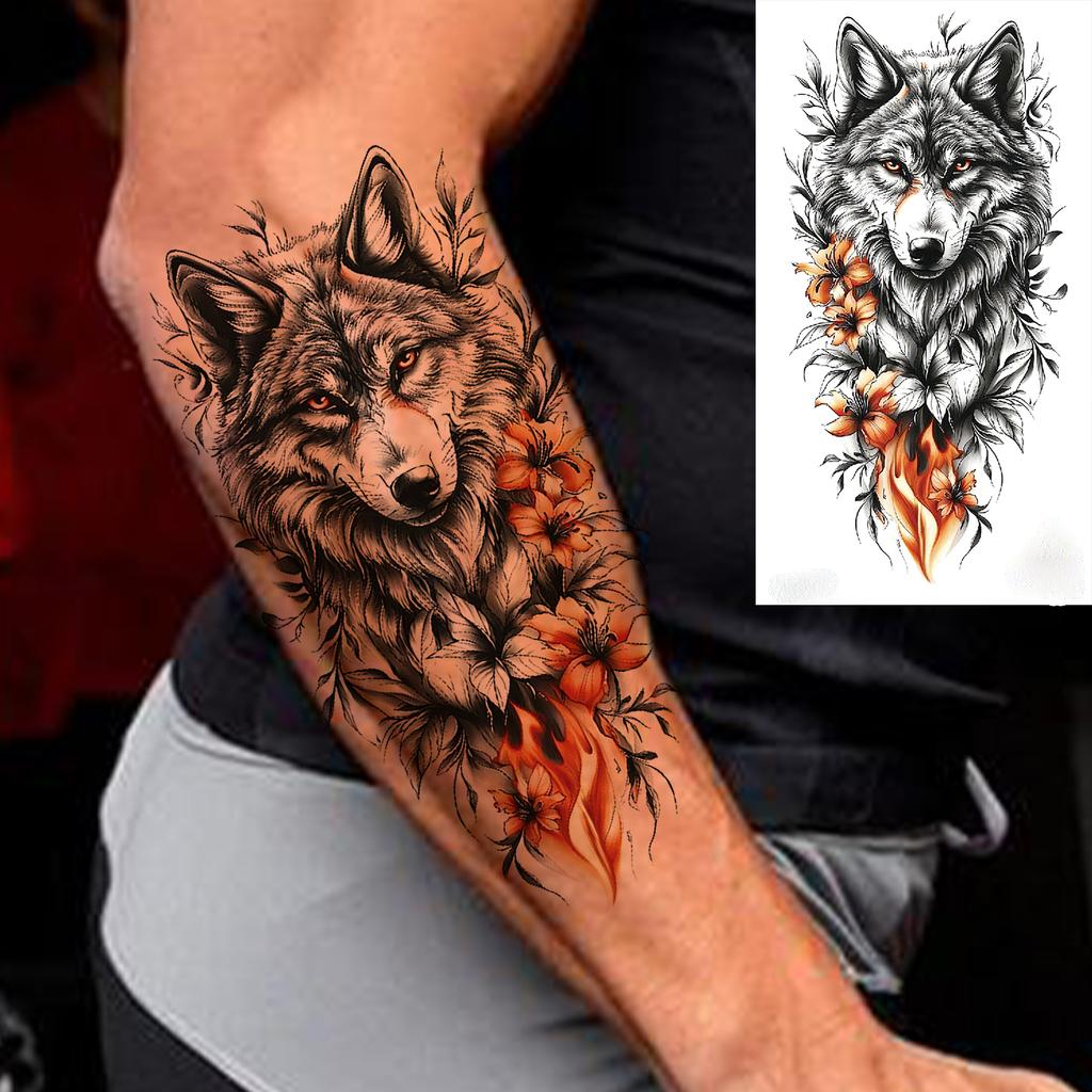 1 Sheet Wolf Tiger Astronaut Dragon Skeleton Temporary Tattoos For Women Men Adults Fake Skull Flower Tattoo Sticker Waterproof