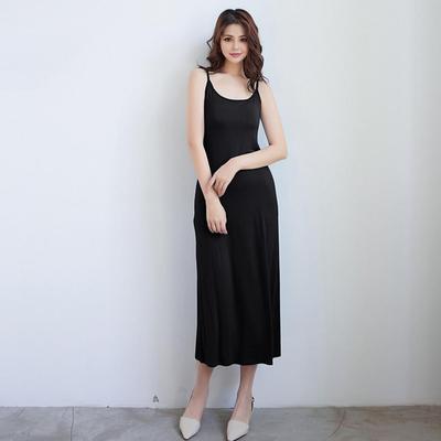 Women Bottoming Dress Round Neck Loose Solid Color Stretchy Backless Sleeveless Suspender Long Dress Home Daily Wear Bedroom Mid