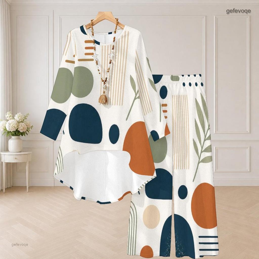 Women Plus Size Two Piece Set Round Neck Long Sleeve Plaid Printed Orange High Low Top Wide Leg Pants
