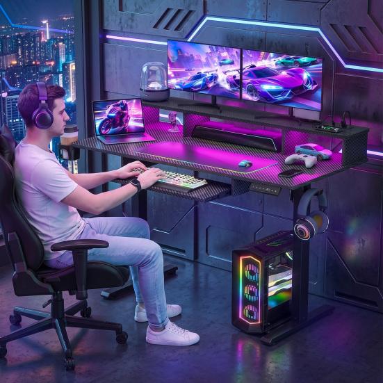 Stehschreibtisch Elektrischer Schreibtisch 48" x 24" Höhenverstellbar Gaming mit Steckdosen & LED-Leuchten Ergonomischer Sit-Stand-Auf-Ab Computer Tisch