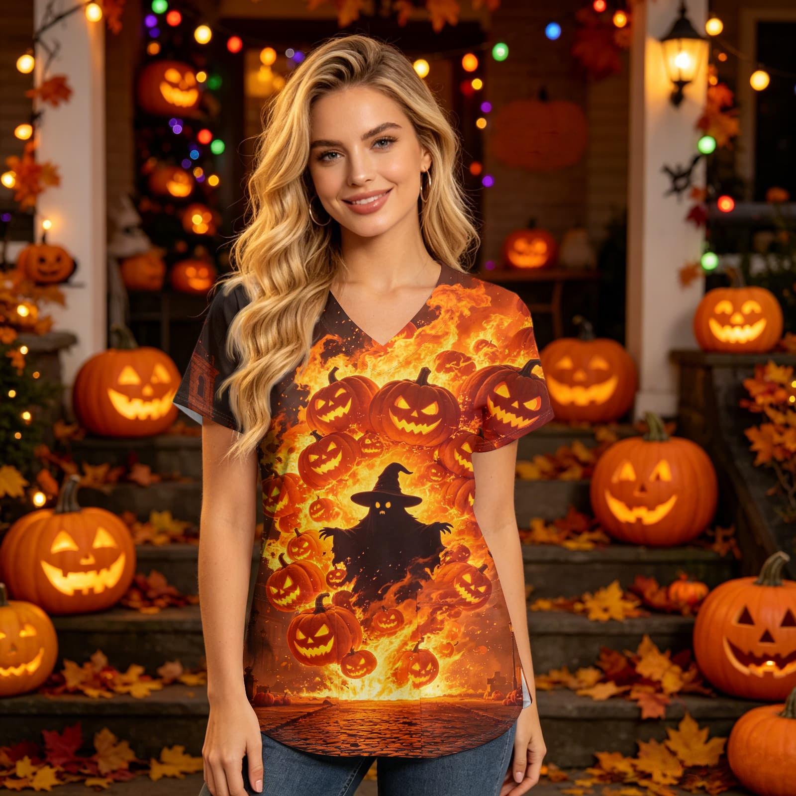 Women s V Neck Short Sleeve Scrub Top with Pockets Halloween Print XXXL