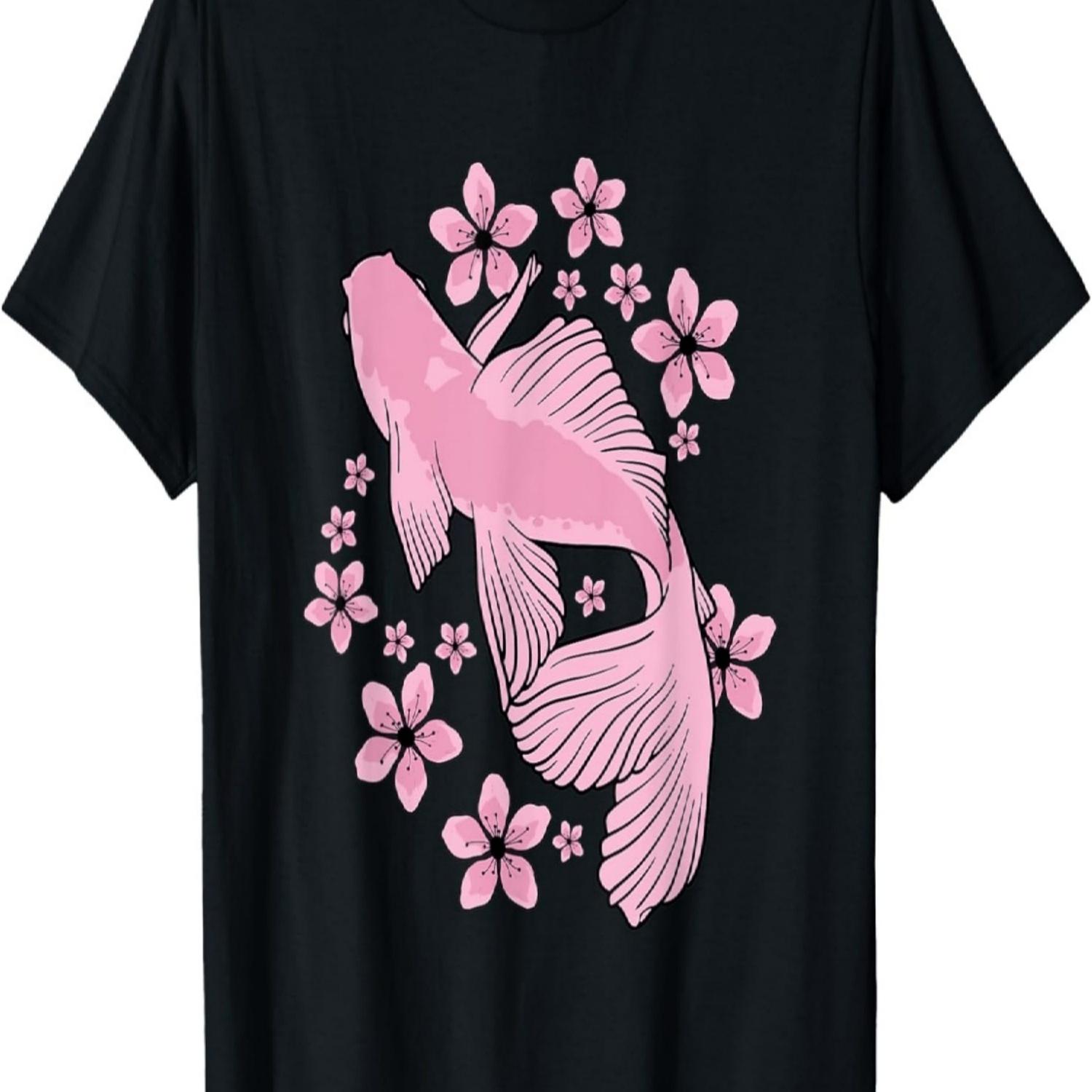 Pink koi fish with cherry blossom - flowers T-Shirt S чёрный