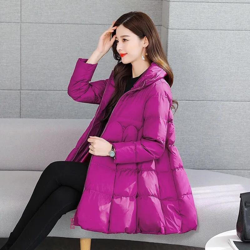 Women Winter Korea Stand Collar Mid Long Padded Jacket Thicke Warm Simple Clothes Female Outerwear