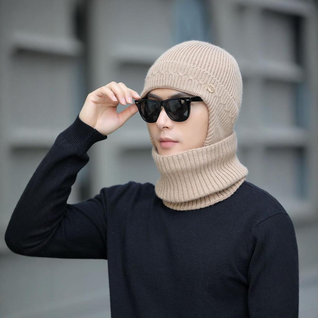 Men's Knitted Hat Winter Outdoor Cycling Scarf Suit Letter Color Blocking Cold Proof Woolen Hat Plus Velvet Warm Cold Hat