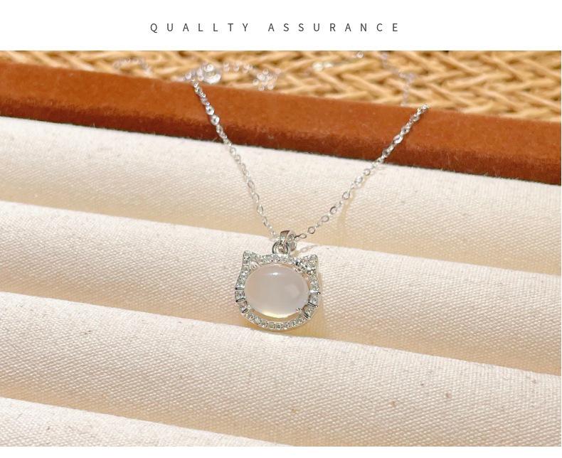 S925 Sterling Silver Chalcedony Cat Necklace with Zircon Pendant
