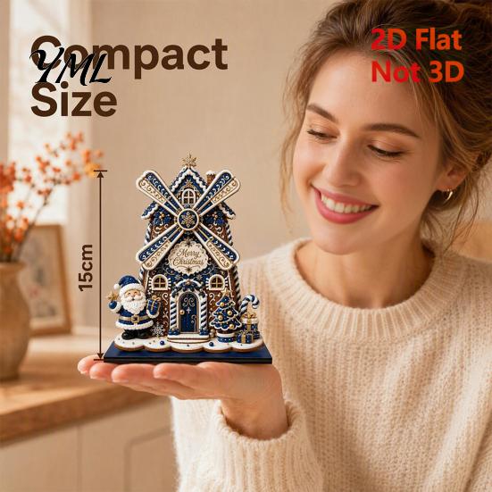 Wooden Holiday Tabletop Ornaments Christmas Windmill Ornament, 2D Rotating Decoration, Santa Gift for Family Centerpiece Table Mantel Shelf