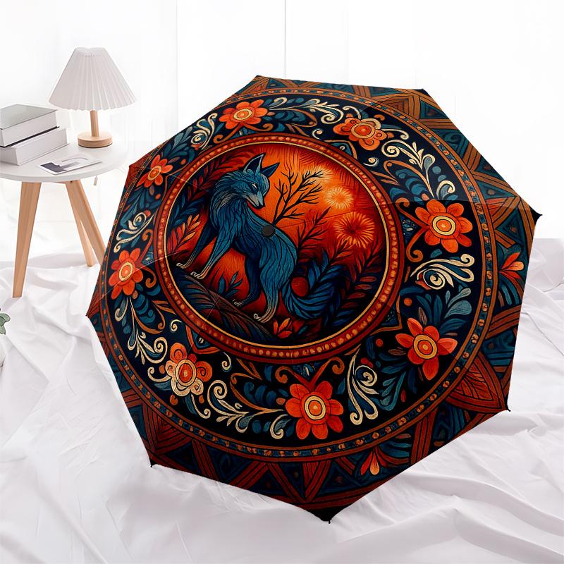 Bohemian Wolf Mandala Rug: Vibrant Floral Design for Your Home DecorUmbrella, Portable 3-Fold Compact Umbrella,Christmas Gift ES565