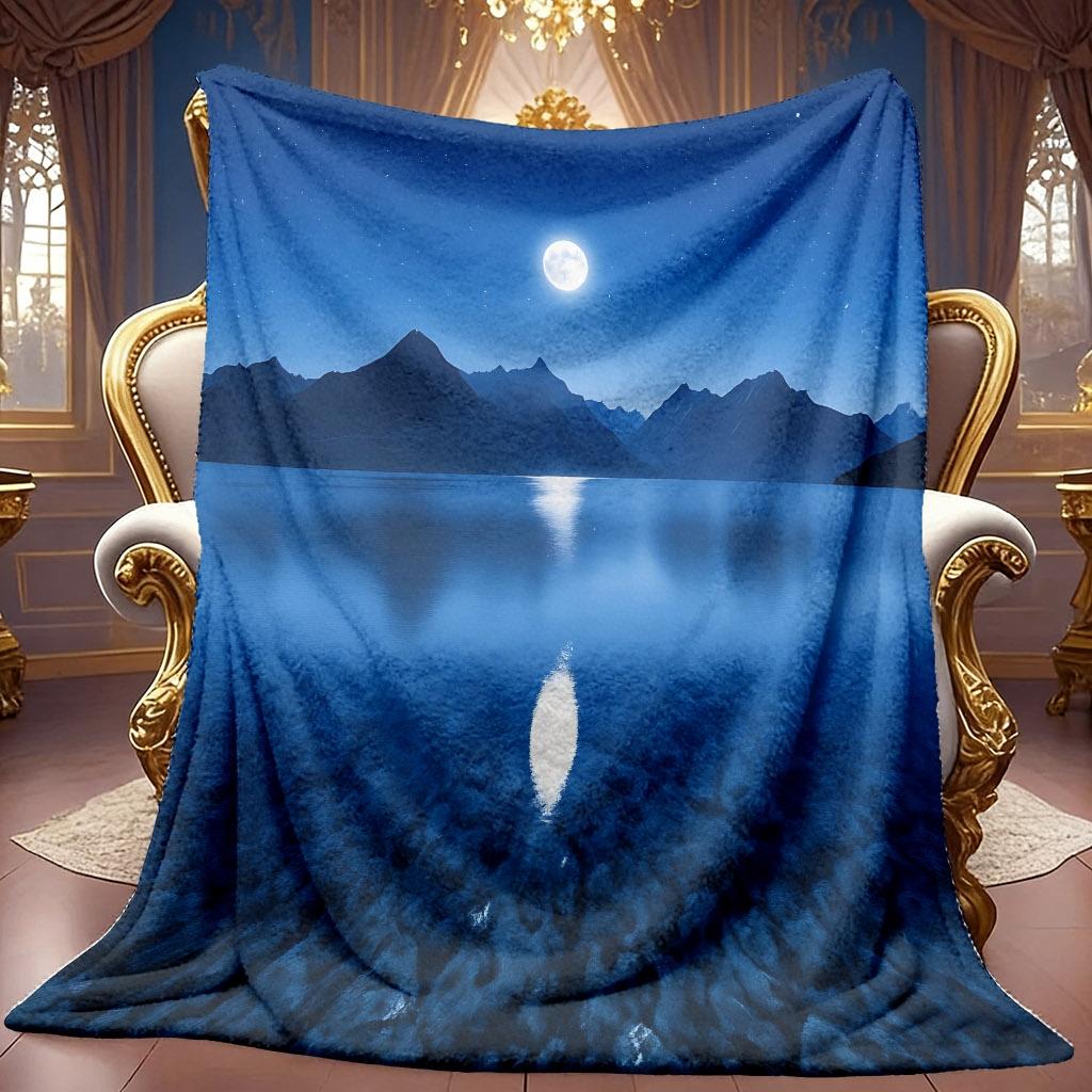 1pc 2D Moonlit Mountain Landscape Theme Pattern Flannel Blanket, Soft HD Digital Print, Cooling Blanket All-Season Use! Soft And Breathable 100% Polye