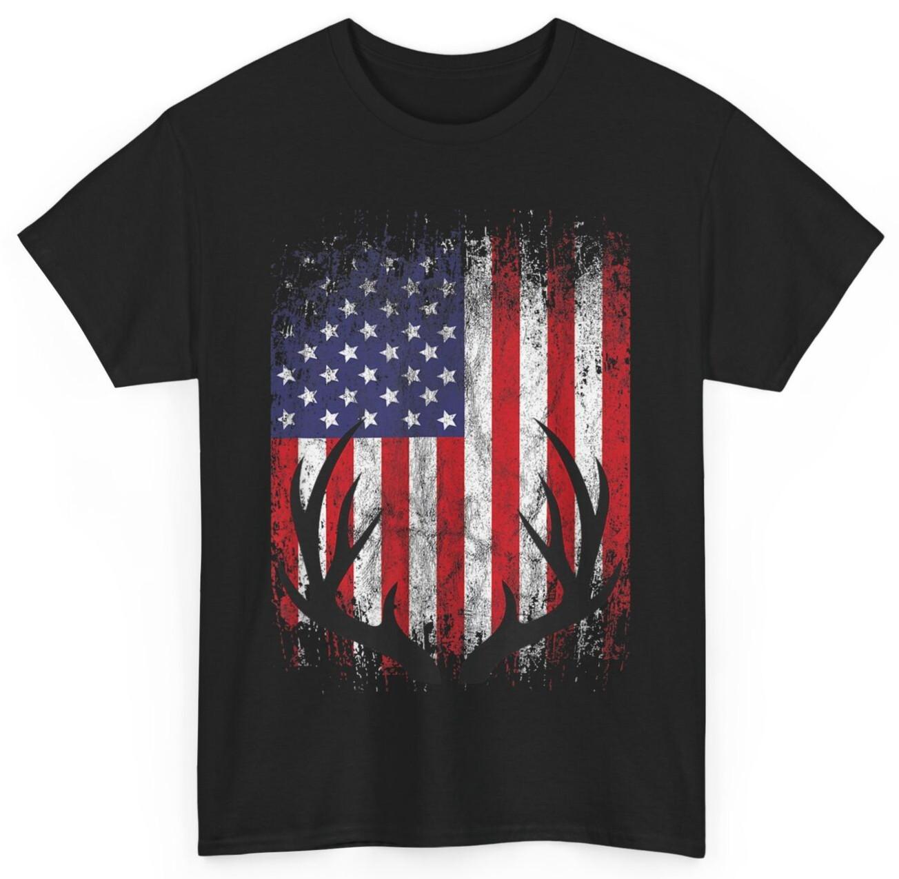 Deer Hunting American Flag Whitetail Buck Antlers Short Sleeve T-shirt XXL