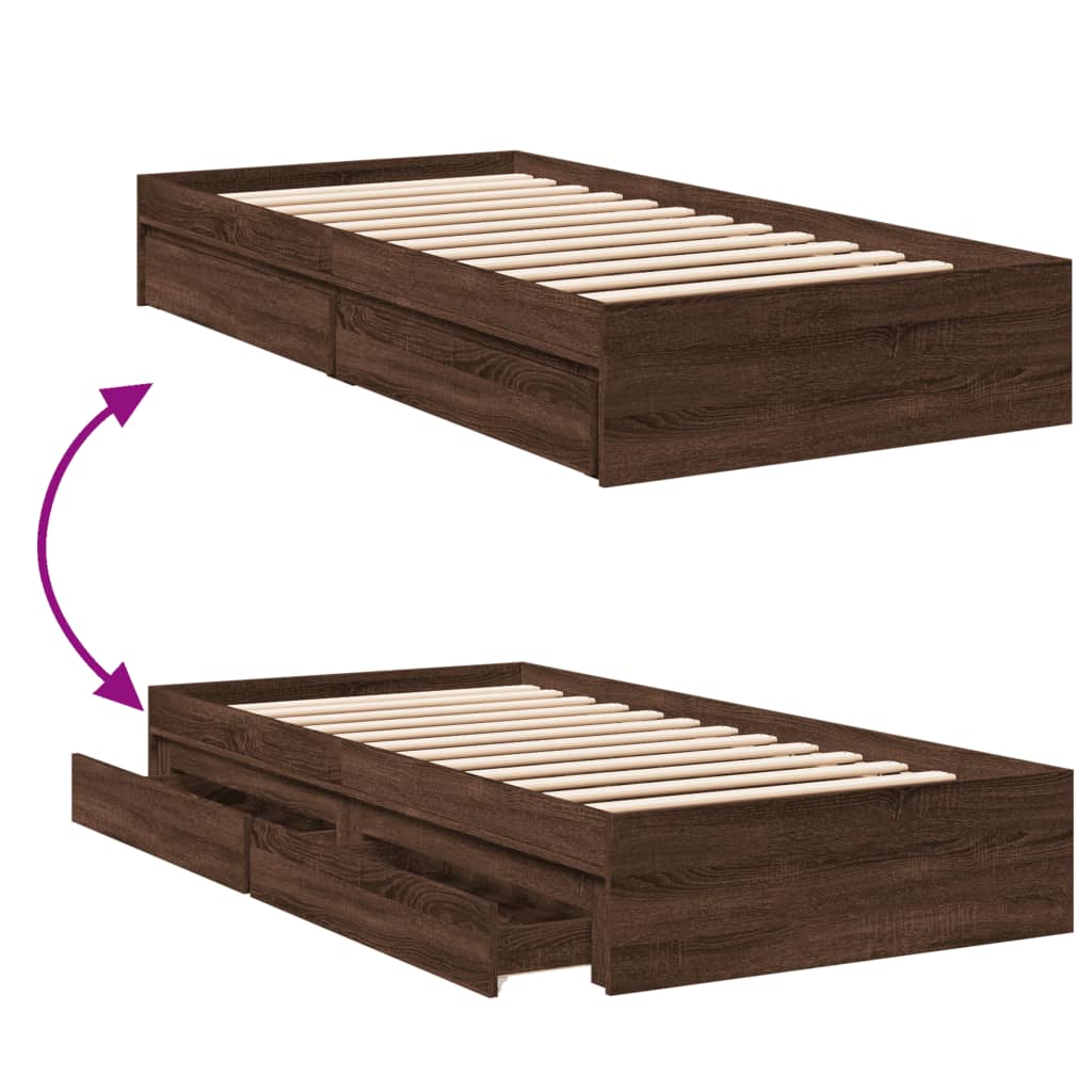 Bed Frame with Drawers Brown Oak Effect 75 x 190 cm